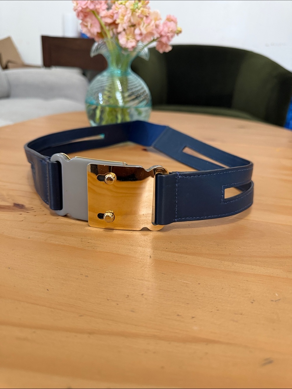Lela Rose Navy Leather Belt with Gold Plate Hardware